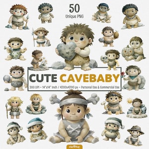 50 Cute Cavebaby Clipart Collection | Adorable Prehistoric Baby Characters | Stone Age Baby Clipart | Cute Fun Caveman Baby Clipart PNGs
