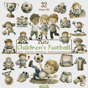 Conjunto de arte del equipo de fútbol infantil: colección de imágenes prediseñadas de adorables personajes y equipos de fútbol: imágenes prediseñadas de niña pequeña de fútbol y deporte infantil