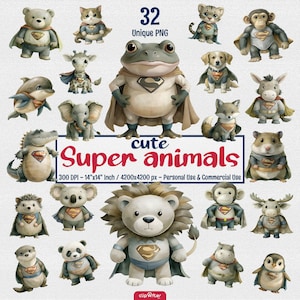Cute Animal Superheroes Clipart Bundle: Adorable Baby Animals PNG, Safari Watercolor Art for Nursery Decor; Instant Download, Commercial Use