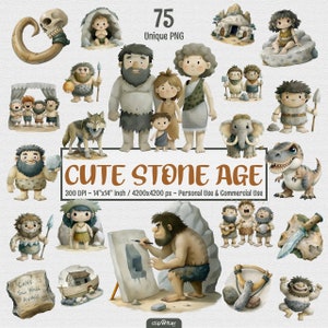 Coleção de clipart da Idade da Pedra, família da Idade da Pedra, clipart de menino das cavernas, caça fofa de homem das cavernas, mulher das cavernas, personagens da Idade da Pedra, mamute