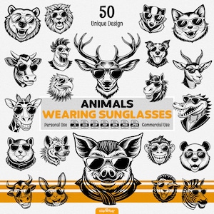 May include: A collection of 50 unique black and white illustrations of animals wearing sunglasses. The animals include a bear, lion, cat, dog, deer, giraffe, pig, monkey, panda, rabbit, zebra, and more. The text "ANIMALS WEARING SUNGLASSES" is at the top of the image. The text "Personal Use" and "Commercial Use" are at the bottom of the image.