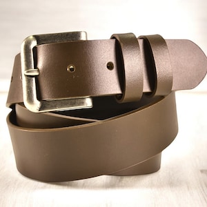 Leather mens brown belt with silver buckle, classic style, made from genuine leather