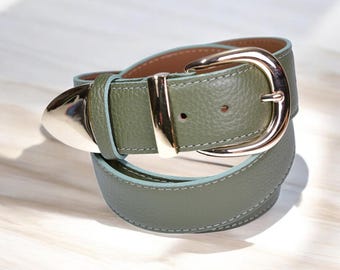 Olive Green Suede Leather Belt With Gold Buckle Women Belt  display picture 1