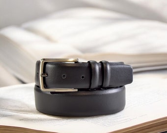 Leather mens black belt with silver buckle, formal style, made from genuine leather