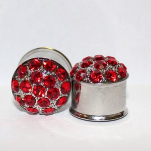 May include: Two silver-colored ear plugs with a cluster of bright red rhinestones on the front. The rhinestones are set in a silver-colored metal. The plugs are cylindrical in shape and sit on a white background.