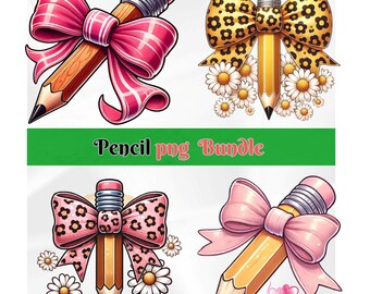 Coquette Pencil with Pink Bow PNG - Back to School Clipart, Digital Download, 4 PNGs