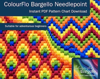 May include: A needlepoint pattern featuring a vibrant, multi-colored geometric design with repeating chevron and flame-like motifs in shades of orange, yellow, green, blue, and magenta. Text reads ColourFlo Bargello Needlepoint, Instant PDF Pattern Chart Download, and Suitable for adventurous beginners.