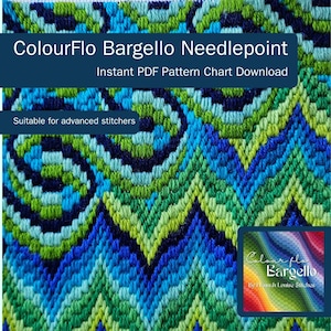 以下が含まれることがあります： 上級の針仕事愛好家に適した、カラフルなバルジェロ針仕事のパターンチャート。チャートは、青、緑、黒の色合いで渦巻くデザインが特徴です。左上の隅に「ColourFlo Bargello」というテキストが表示されています。