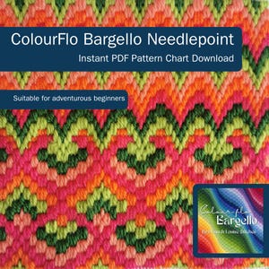 Puede incluir: Un gráfico de punto de aguja Bargello colorido con un esquema de color verde, naranja, rosa y rojo. El gráfico está titulado "ColourFlo Bargello Needlepoint" y dice "Descarga instantánea del gráfico de patrón PDF".