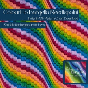 Op de afbeelding: Een kleurrijk Bargello-naaldkunstpatroon met een regenboogontwerp. De afbeelding bevat de tekst "ColourFlo Bargello Needlepoint" en "Suitable for beginner stitchers."