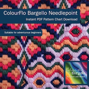 Puede incluir: Un gráfico de punto de aguja Bargello colorido, adecuado para principiantes aventureros. El gráfico presenta un diseño geométrico con una mezcla de colores rosa, naranja, rojo, verde y azul. El texto "ColourFlo Bargello" es visible en la esquina superior izquierda de la imagen.