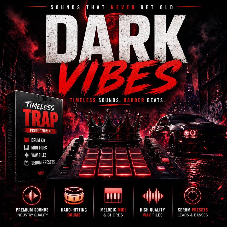 Puede incluir: Imagen promocional para un kit de producci&oacute;n musical. La imagen presenta el texto "DARK VIBES" en letras grandes y en negrita, con una corona y un coche deportivo. El kit incluye kits de bater&iacute;a, archivos MIDI, archivos WAV y presets de suero.