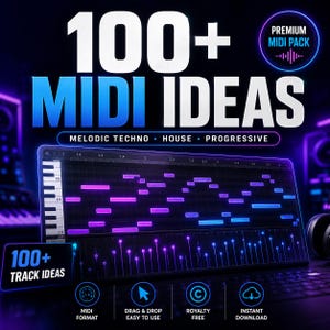 Puede incluir: Un gráfico digital con el texto 100+ MIDI IDEAS, MELODIC TECHNO, HOUSE, PROGRESSIVE y 100+ TRACK IDEAS. Muestra una interfaz de piano roll de estación de trabajo de audio digital con notas moradas y azules y un analizador de espectro.