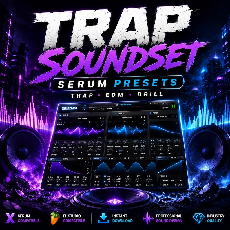 May include: A digital graphic for a Trap Soundset Serum Presets pack featuring a central synthesizer interface with purple and blue waveforms, flanked by large speakers against a dark city skyline with the text Trap Soundset Serum Presets.