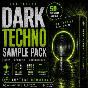 May include: A digital product box set against a dark background, labeled "Dark Techno Sample Pack." The design features neon green text and accents, including "50+ Premium Sounds." It includes WAV files, Serum presets, MIDI files, and high-quality samples, with an instant download option.