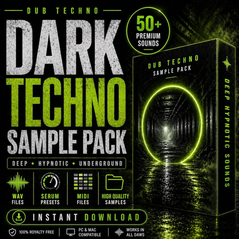 May include: A digital product box set against a dark background, labeled "Dark Techno Sample Pack." The design features neon green text and accents, including "50+ Premium Sounds." It includes WAV files, Serum presets, MIDI files, and high-quality samples, with an instant download option.