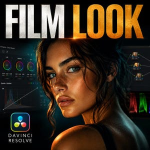 May include: A digital graphic featuring the text FILM LOOK in white and gold lettering. A portrait of a person with freckles is centred against a dark background displaying DaVinci Resolve colour grading software interfaces, colour wheels, and curves.