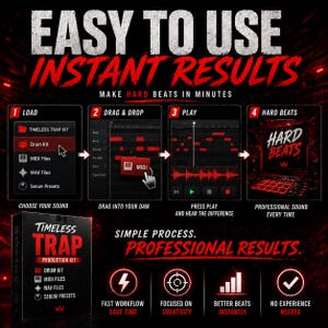 Puede incluir: Gr&aacute;fico promocional con el texto &laquo;F&Aacute;CIL DE USAR RESULTADOS INSTANT&Aacute;NEOS&raquo; y &laquo;HAZ BEATS DUROS EN MINUTOS&raquo;. Muestra una gu&iacute;a paso a paso para crear m&uacute;sica, incluyendo un &laquo;Timeless Trap Production Kit&raquo; y las palabras &laquo;HARD BEATS&raquo;.