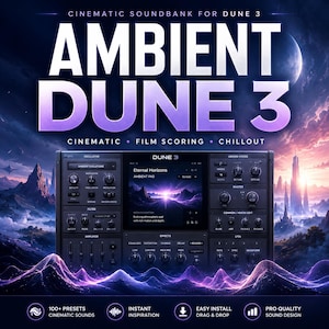 May include: A digital software interface for the Dune 3 synthesizer, featuring a central display showing the Eternal Horizons ambient pad patch, surrounded by oscillator, filter, amplifier, and effects controls against a purple alien landscape.