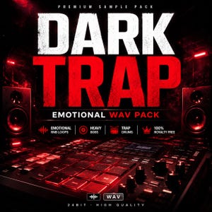 May include: A promotional image for a music sample pack. The words "DARK TRAP" are prominently displayed in white and red, with "EMOTIONAL WAV PACK" below. The image features a music production controller and speakers, with icons indicating features like R&B loops and trap drums.