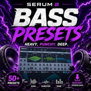 May include: A promotional graphic for Serum 2 bass presets. The image features the text "BASS PRESETS" in large, white, distressed font over a purple background with lightning bolts. The graphic includes a digital audio workstation interface and speakers.