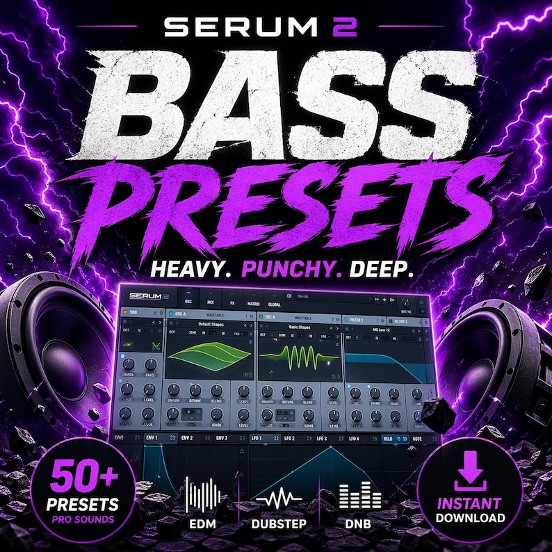 May include: A promotional graphic for Serum 2 bass presets. The image features the text "BASS PRESETS" in large, white, distressed font over a purple background with lightning bolts. The graphic includes a digital audio workstation interface and speakers.
