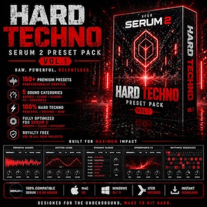May include: Promotional image for a "Hard Techno Serum 2 Preset Pack Vol. 1." The design uses a red and black colour scheme with the product name in large, bold letters. The image highlights key features like 150+ premium presets and 5 sound categories.