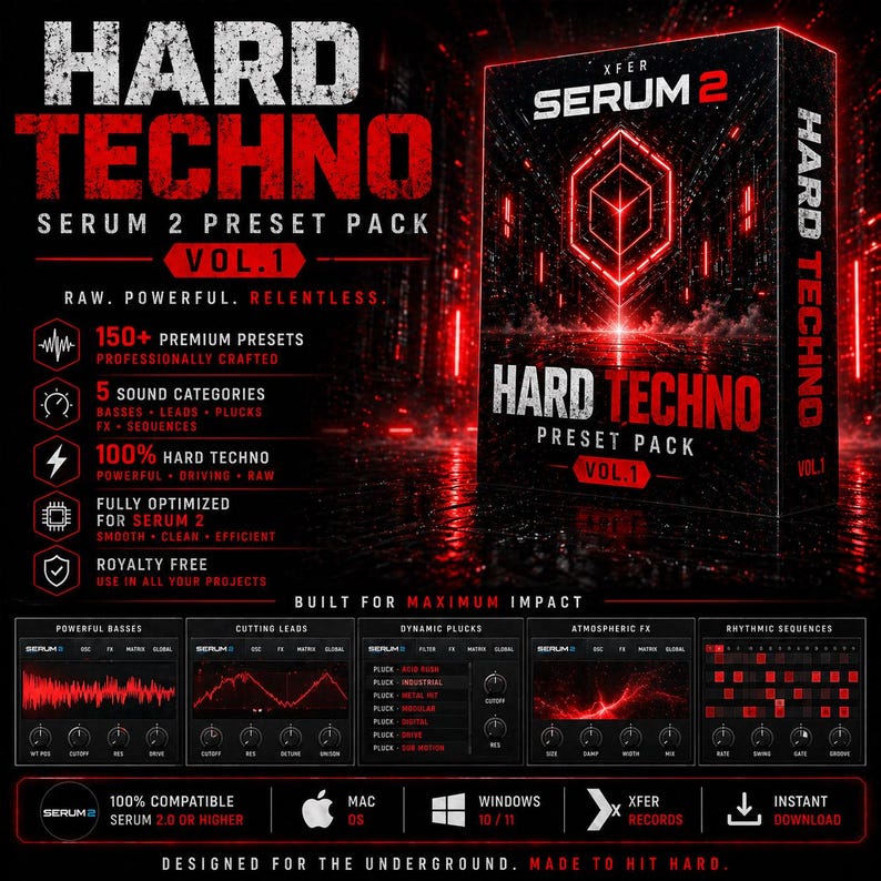 May include: Promotional image for a "Hard Techno Serum 2 Preset Pack Vol. 1." The design uses a red and black colour scheme with the product name in large, bold letters. The image highlights key features like 150+ premium presets and 5 sound categories.