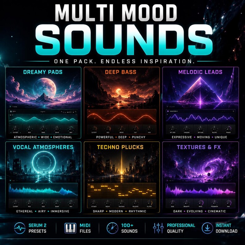 Peut inclure: Graphique num&eacute;rique promotionnel pour "Multi Mood Sounds" avec six cat&eacute;gories de sons : Dreamy Pads, Deep Bass, Melodic Leads, Vocal Atmospheres, Techno Plucks et Textures & FX. Le graphique comprend le texte "One Pack. Endless Inspiration." et des ic&ocirc;nes pour les pr&eacute;r&eacute;glages Serum 2, les fichiers MIDI, 100+ sons, qualit&eacute; professionnelle et t&eacute;l&eacute;chargement instantan&eacute;.