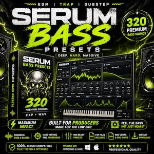 May include: A promotional image for Serum Bass Presets, featuring a black box with a skull graphic and the text "320 Premium Sounds." The image also displays a software interface and the text "Deep, Hard, Massive."