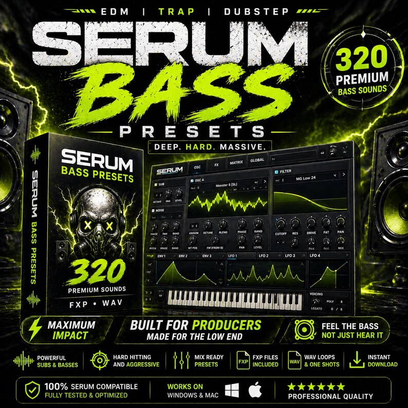 May include: A promotional image for Serum Bass Presets, featuring a black box with a skull graphic and the text "320 Premium Sounds." The image also displays a software interface and the text "Deep, Hard, Massive."