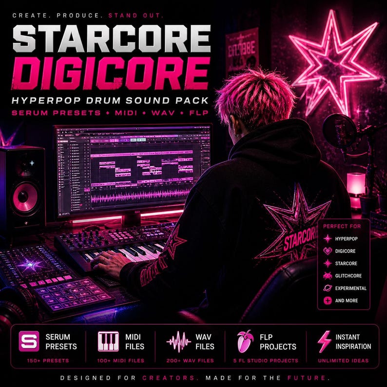 May include: A promotional image for a music sound pack. The image features the text "STARCORE DIGICORE" in large, bold letters, with additional text indicating "HYPERPOP DRUM SOUND PACK." The image also includes a person working on a computer with music production software. The color scheme is primarily black and pink.