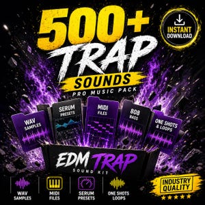 May include: A promotional graphic for an EDM Trap sound kit. The image features the text "500+ TRAP SOUNDS" in yellow and white, with various sound categories like WAV samples, MIDI files, and 808 bass. The words "EDM TRAP SOUND KIT" are also visible.