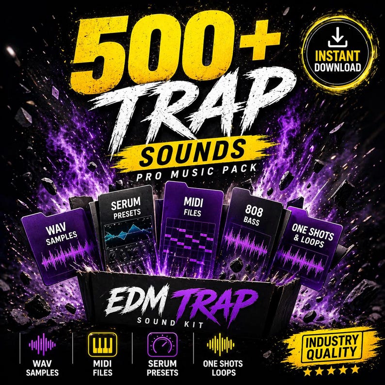 May include: A promotional graphic for an EDM Trap sound kit. The image features the text "500+ TRAP SOUNDS" in yellow and white, with various sound categories like WAV samples, MIDI files, and 808 bass. The words "EDM TRAP SOUND KIT" are also visible.