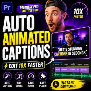May include: A promotional graphic for a Premiere Pro subtitle tool. The image features a surprised man and text that reads "AUTO ANIMATED CAPTIONS" and "EDIT 10X FASTER." Additional text includes "CREATE STUNNING CAPTIONS IN SECONDS" and "INSTANT DOWNLOAD."