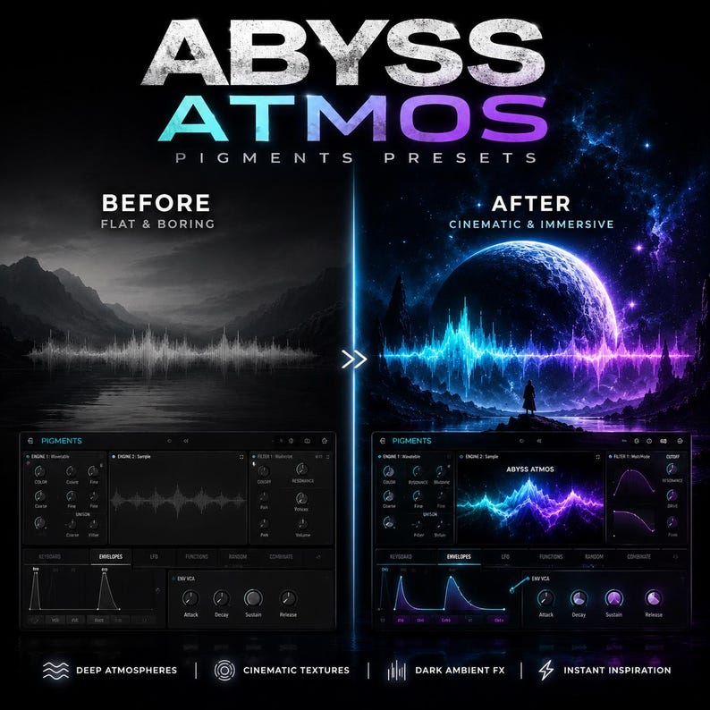 May include: A digital art graphic with the text "ABYSS ATMOS PIGMENTS PRESETS". The image shows a before and after comparison of a sound wave, with the "before" image labeled "FLAT & BORING" and the "after" image labeled "CINEMATIC & IMMERSIVE".