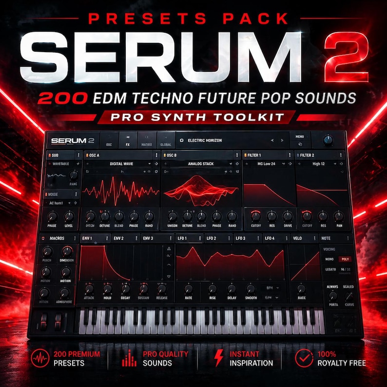 Digital synthesizer interface with knobs, waveform displays, and keyboard in red and black color scheme, large bold “Serum 2” text at top with preset pack details, centered layout with glowing red-light effects and dark textured background.