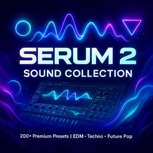 May include: A digital graphic with the text "SERUM 2 SOUND COLLECTION" in white. The image features a synthesizer with a glowing waveform display and the text "200+ Premium Presets | EDM • Techno • Future Pop" in white against a dark blue background.