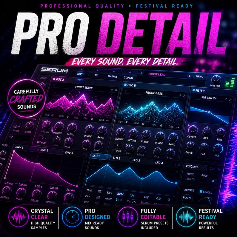 May include: Digital audio workstation interface with the text "PRO DETAIL" and "SERUM". The interface features multiple controls, including oscillators, filters, and effects, with the words "CAREFULLY CRAFTED SOUNDS" and "CRYSTAL CLEAR" in the image.
