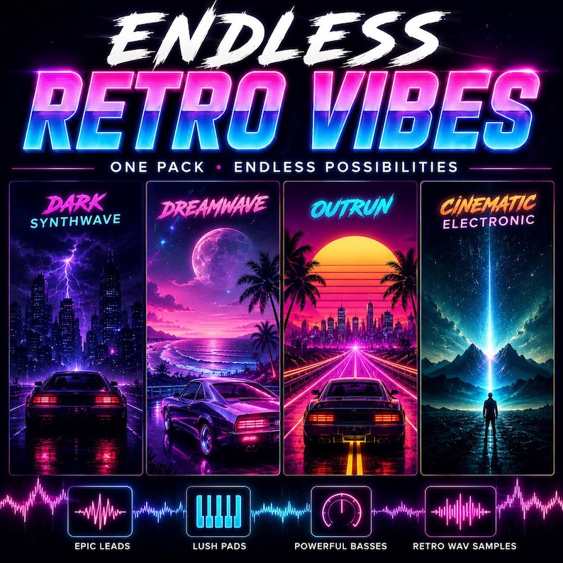 May include: A digital graphic titled ENDLESS RETRO VIBES featuring four vertical panels displaying synthwave-style scenes with cars, sunsets, and landscapes. Below, four square icons show audio waveforms, piano keys, and a gauge with text labels.