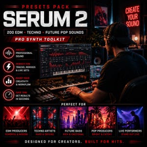 K&ouml;nnte beinhalten: Werbebild f&uuml;r Serum 2, ein professionelles Synth-Toolkit. Das Bild zeigt eine Person, die Musikproduktionssoftware auf einem Computer verwendet. Der Text enth&auml;lt "200 EDM Techno Future Pop Sounds" und "Designed for Creators. Built for Hits."