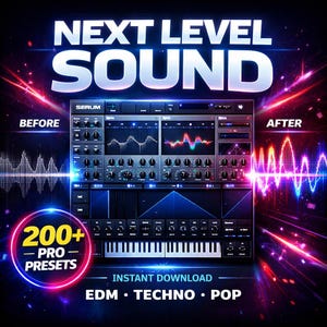 Könnte beinhalten: Schnittstelle für digitale Musikproduktionssoftware mit dem Text "NEXT LEVEL SOUND". Das Bild zeigt einen Synthesizer mit Knöpfen, Reglern und einer Tastatur. Der Text "200+ PRO PRESETS" wird zusammen mit "EDM • TECHNO • POP" angezeigt.