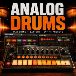 May include: A black drum machine with orange backlit pads and control knobs, featuring the text ANALOG DRUMS, MASCHINE, BATTERY, and SYNTH PRESETS. The interface displays digital software windows with sound library settings and waveform graphics.