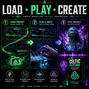 May include: A digital graphic for the Celtic Future sound pack for Serum 2, featuring a three-step workflow: Load Preset, Play a Note, and Epic Result. The design includes software interface screenshots, a musical keyboard, and a mystical figure.