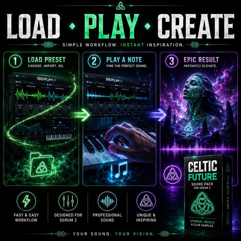 May include: A digital graphic for the Celtic Future sound pack for Serum 2, featuring a three-step workflow: Load Preset, Play a Note, and Epic Result. The design includes software interface screenshots, a musical keyboard, and a mystical figure.