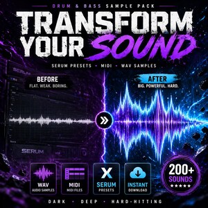 May include: A promotional graphic for a drum and bass sample pack. The image features the text "TRANSFORM YOUR SOUND" in white and purple, with additional text indicating Serum presets, MIDI, and WAV samples. The graphic includes before and after sound wave visualizations, and icons for WAV audio samples, MIDI files, Serum presets, and instant download.