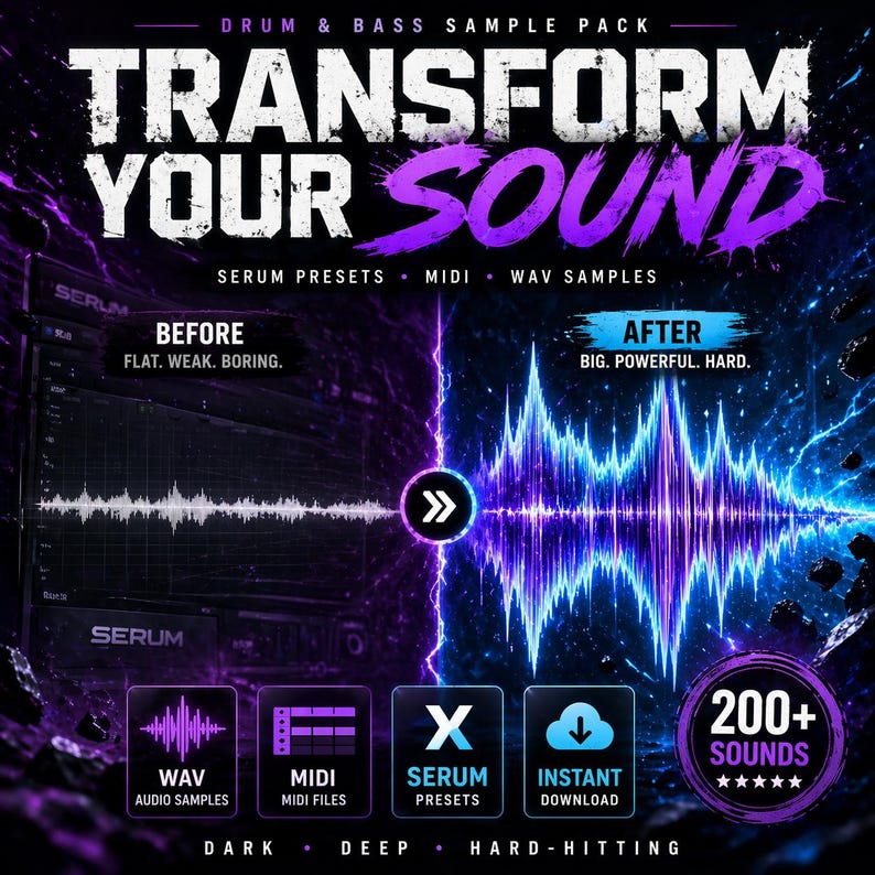 May include: A promotional graphic for a drum and bass sample pack. The image features the text "TRANSFORM YOUR SOUND" in white and purple, with additional text indicating Serum presets, MIDI, and WAV samples. The graphic includes before and after sound wave visualizations, and icons for WAV audio samples, MIDI files, Serum presets, and instant download.