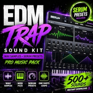 May include: A promotional image for an EDM Trap Sound Kit. The image features the text "EDM TRAP SOUND KIT" in white and purple, along with "WAV SAMPLES &bull; SERUM PRESETS &bull; PRO MUSIC PACK." It also includes a digital audio workstation interface and the text "500+ SOUNDS."