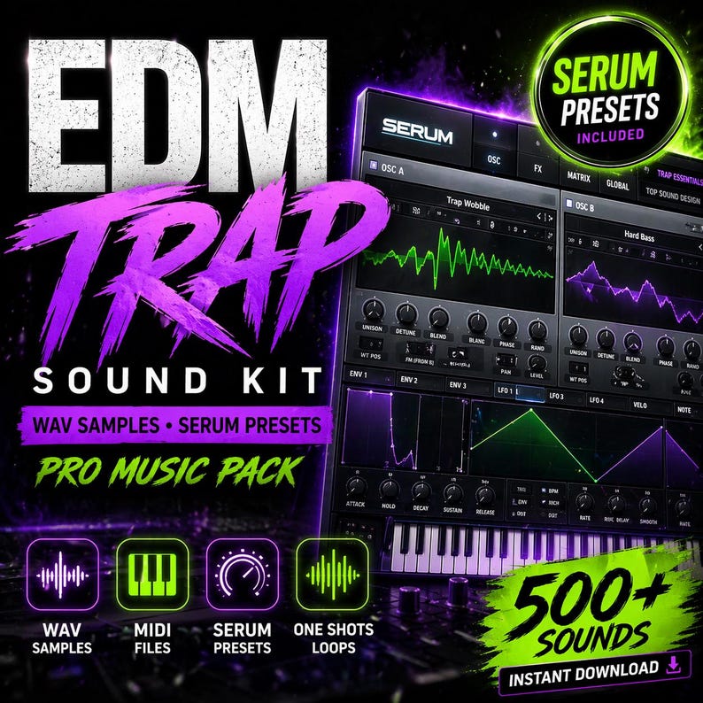 May include: A promotional image for an EDM Trap Sound Kit. The image features the text "EDM TRAP SOUND KIT" in white and purple, along with "WAV SAMPLES &bull; SERUM PRESETS &bull; PRO MUSIC PACK." It also includes a digital audio workstation interface and the text "500+ SOUNDS."