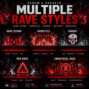 K&ouml;nnte beinhalten: Ein Werbegrafik f&uuml;r Serum 2 Presets mit dem Text "Multiple Rave Styles" in Rot und Wei&szlig;. Das Bild zeigt verschiedene Rave-Stile, darunter Hard Techno, Hardstyle, Gabber, Neo Rave und Industrial Rave, mit zugeh&ouml;rigen Schl&uuml;sselw&ouml;rtern und Grafiken.